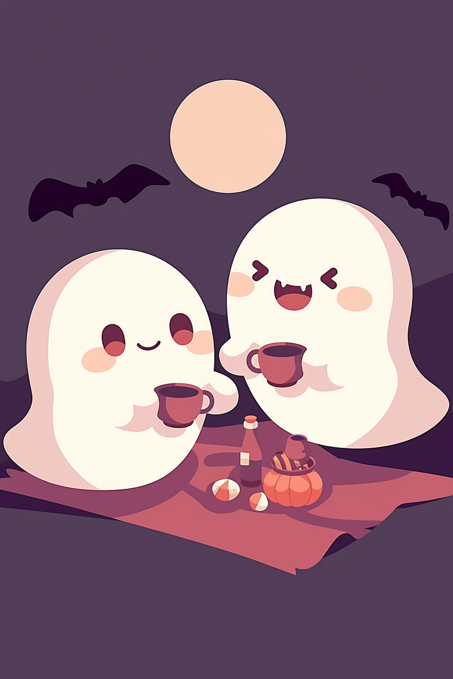 cute halloween drawings for kids featuring two adorable ghosts enjoying a tea party under a full moon with bats flying in the background.